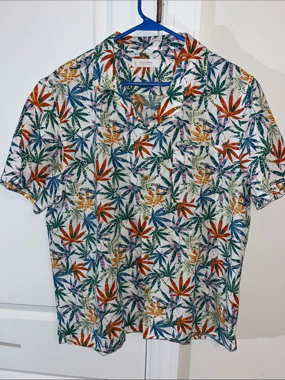 Lucky Brands Summer Casual Hemp Cotton Print Rainbow Party Aloha Luau SS Shirt L